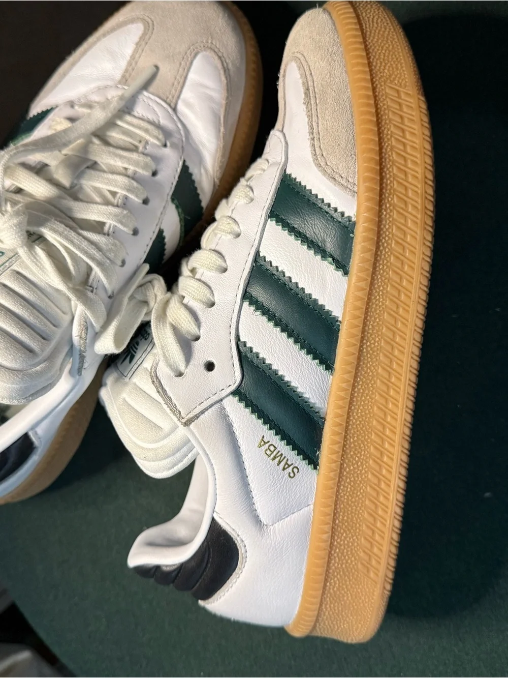 adidas White Sneakers with Green Stripes and Gum Sole